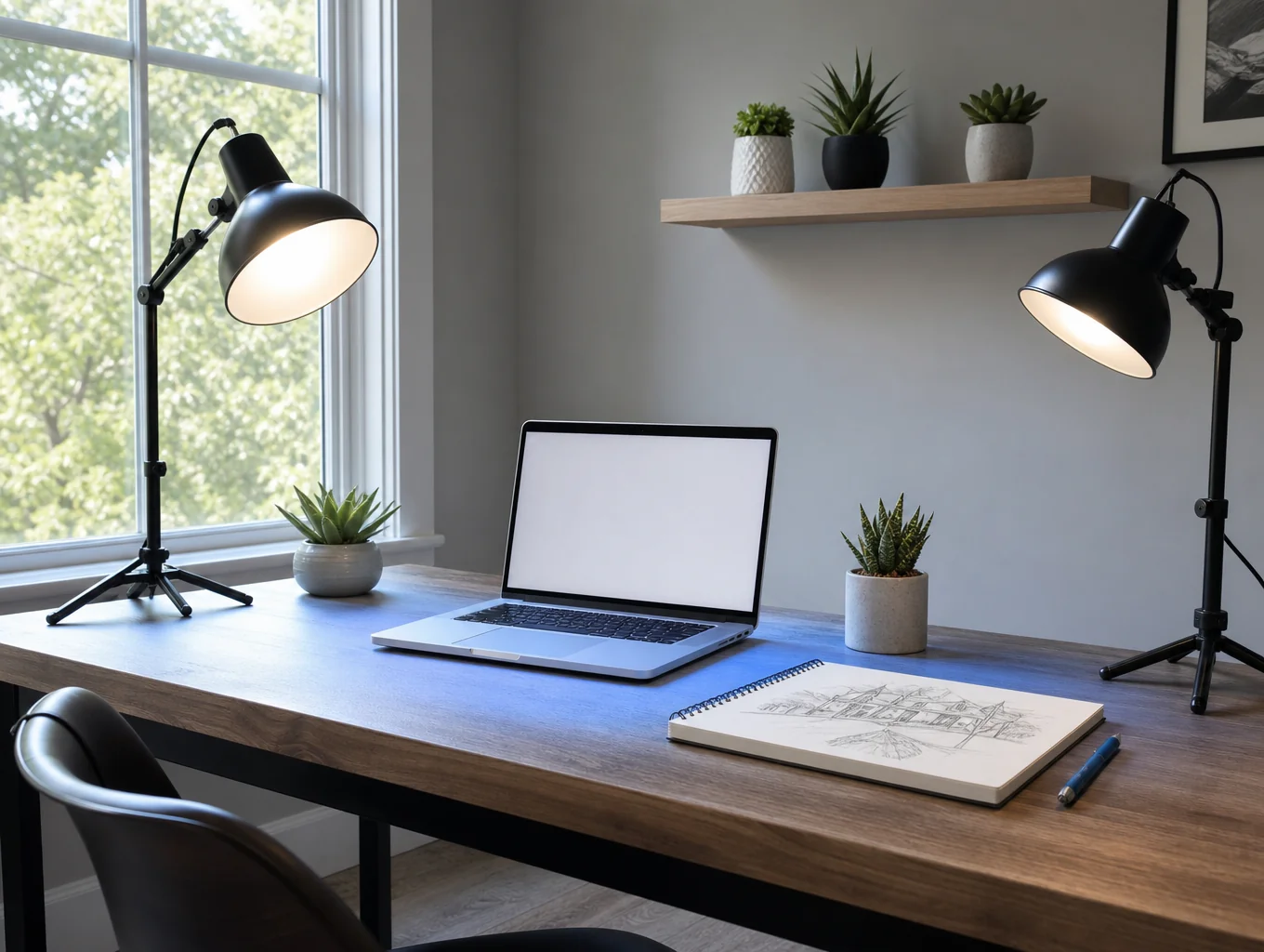 Top-down view of studio workspace desk with open sketchbook, glasses, and pencil